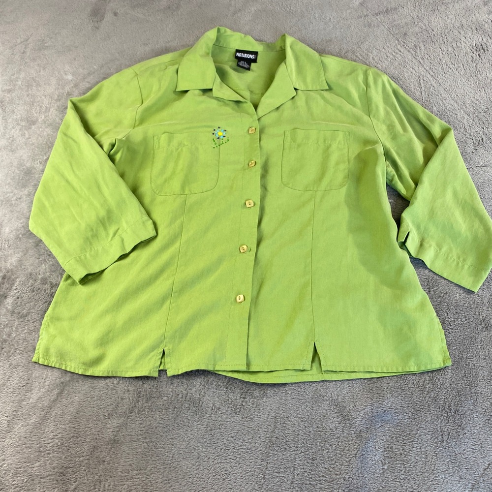 Notations 100% Silk  Shirt Women's L Lime Green 3/4 Sleeve Flower Accent Blouse
